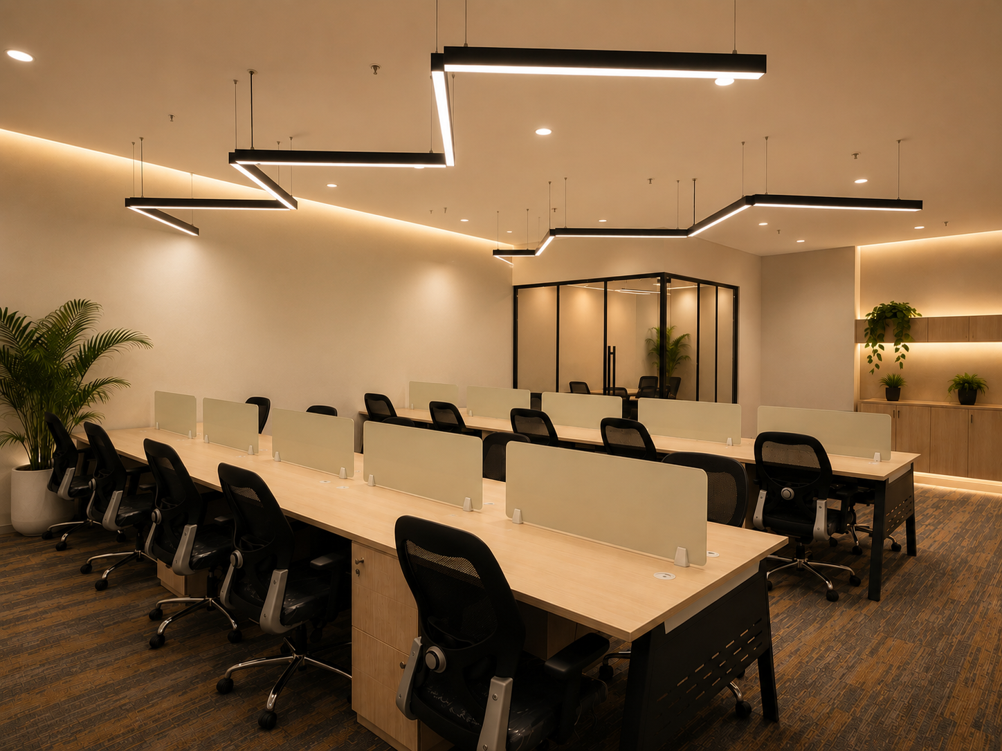 Coworking floor with open desks at Karya